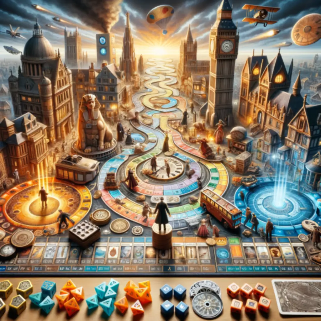 Fantasy board game scene with urban landscape showing strategic gameplay and city-building elements