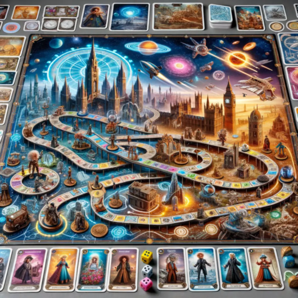 Fantasy space themed board game with colorful cards and dice showcasing immersive gaming experience